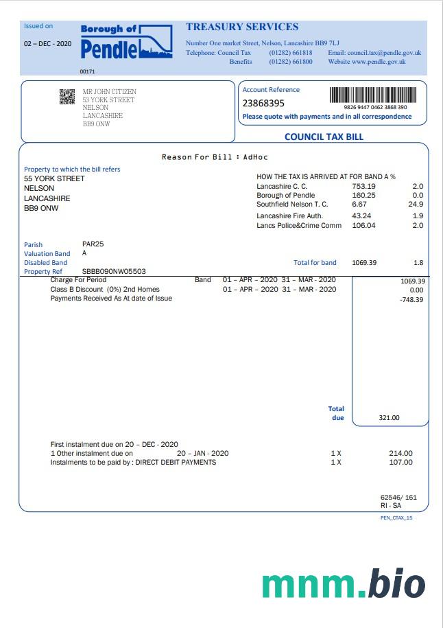 Wielka Brytania Borough of Pendle council tax bill szablon w formacie Word i PDF